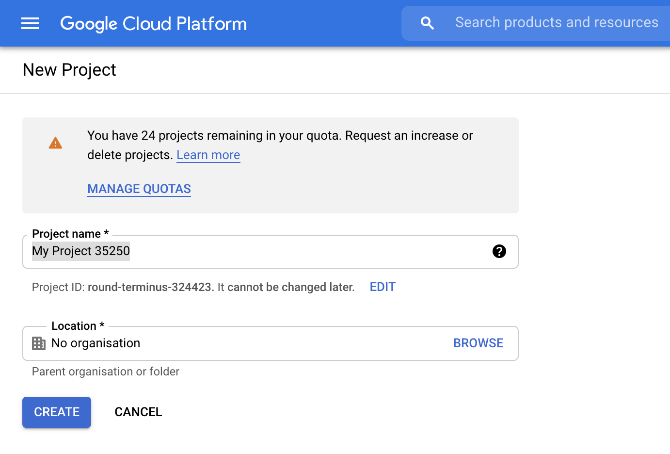 Visualizzazione della console di Google Cloud durante il flusso di creazione del progetto