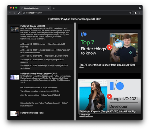 Die App wird im Chrome-Browser ausgeführt und es sind YouTube-Bild-Thumbnails zu sehen.