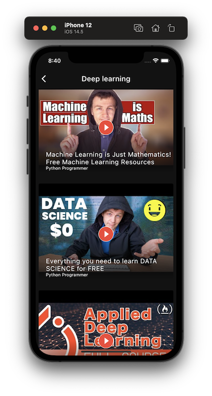 Die laufende App unter iOS