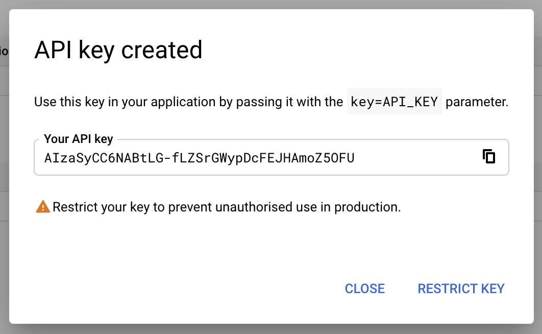 Das Pop-up-Fenster „API-Schlüssel erstellt“ mit dem erstellten API-Schlüssel