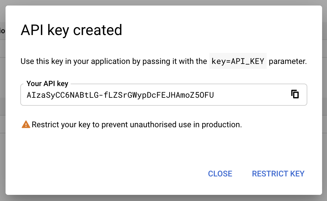 ป๊อปอัปคีย์ API ที่สร้างขึ้นซึ่งแสดงคีย์ API ที่สร้างขึ้น