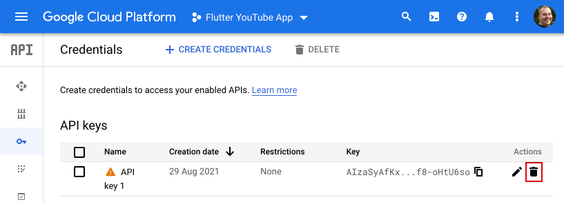 صفحة بيانات اعتماد مشروع واجهة برمجة التطبيقات في وحدة تحكُّم Google Cloud Platform