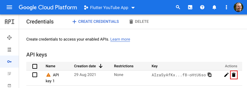 Die Seite „Anmeldedaten“ des API-Projekts in der GCP Console