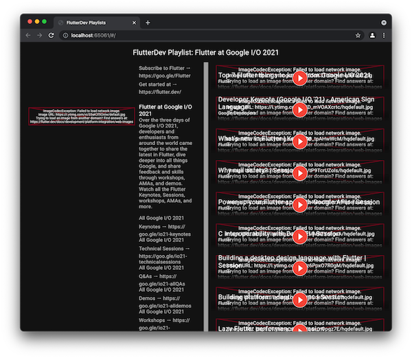 Die App wird im Chrome-Browser ausgeführt und es sind keine YouTube-Bild-Thumbnails zu sehen.