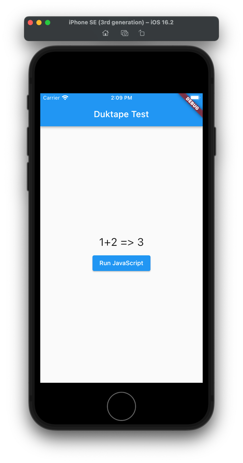 iOS सिम्युलेटर में Duktape JavaScript आउटपुट दिखाया जा रहा है