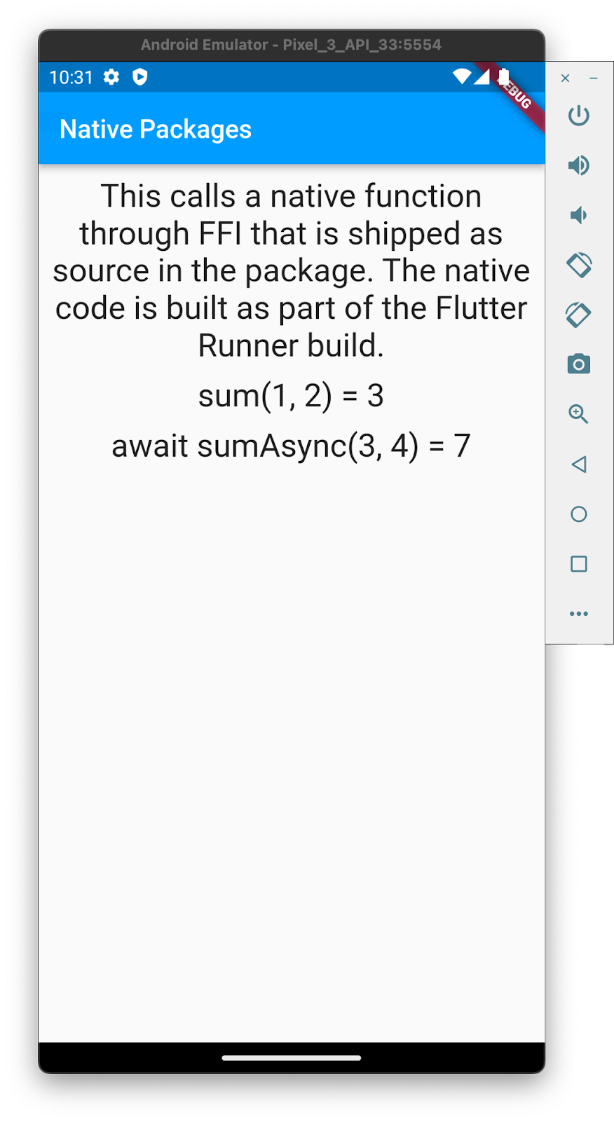 เทมเพลตแอป FFI ที่สร้างขึ้นซึ่งเรียกใช้ในโปรแกรมจำลอง Android