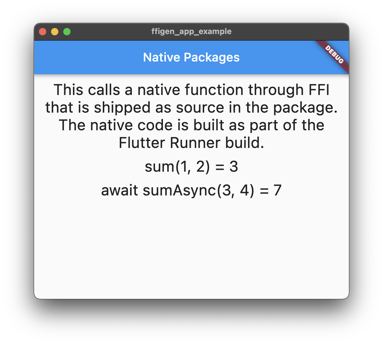 टेंप्लेट से जनरेट किया गया FFI ऐप्लिकेशन, Linux ऐप्लिकेशन के तौर पर चल रहा है
