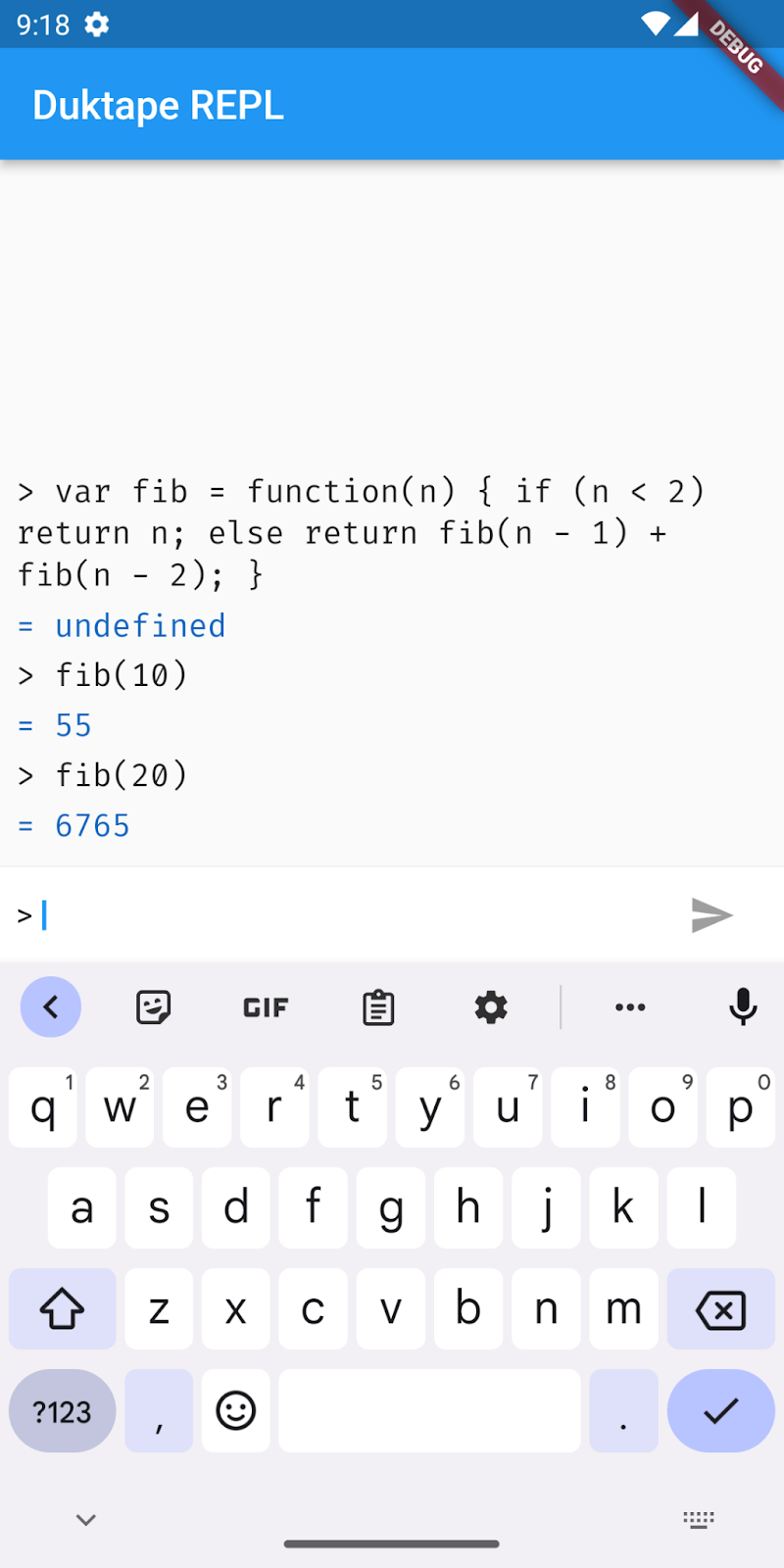 在 Android 模擬器中執行的 Duktape REPL