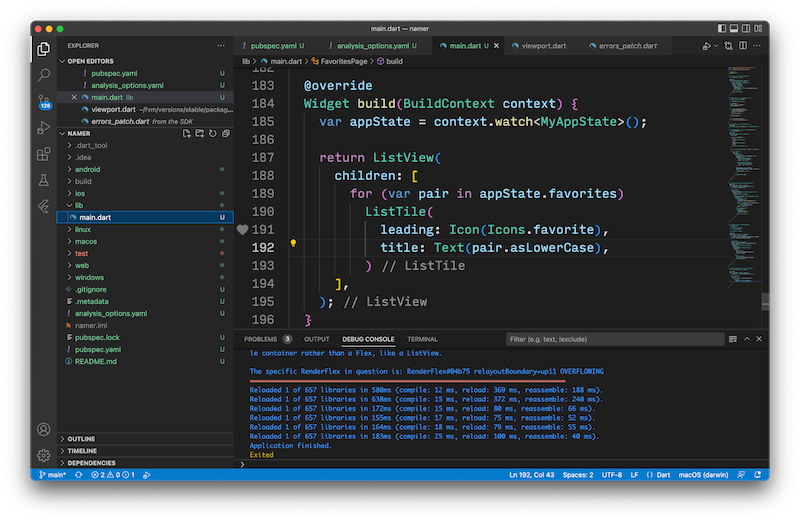 ภาพหน้าจอของ VS Code ที่มีโค้ด Flutter บางส่วน