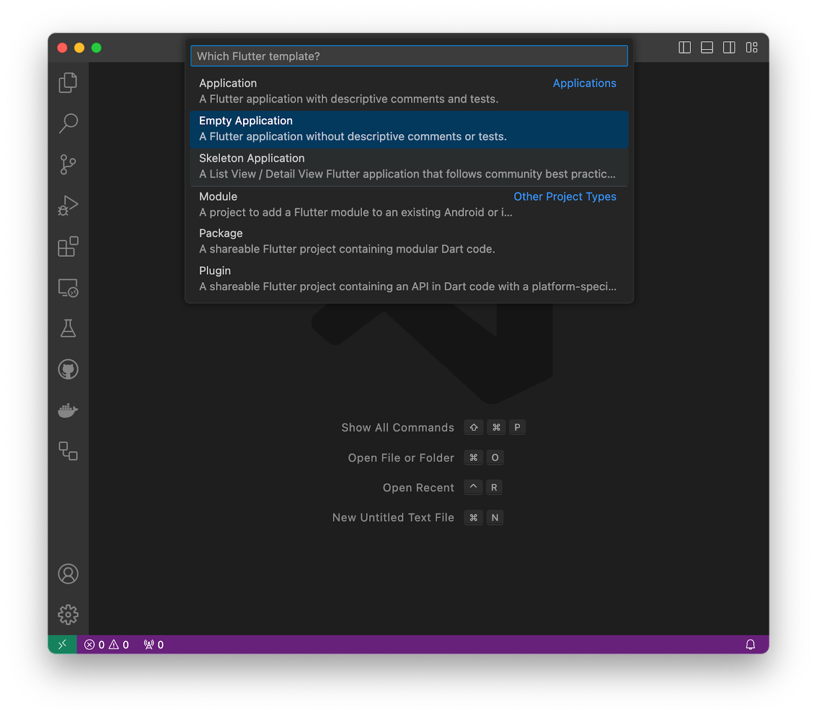 Screenshot VS Code dengan Empty Application ditampilkan sebagai dipilih sebagai bagian dari alur aplikasi baru