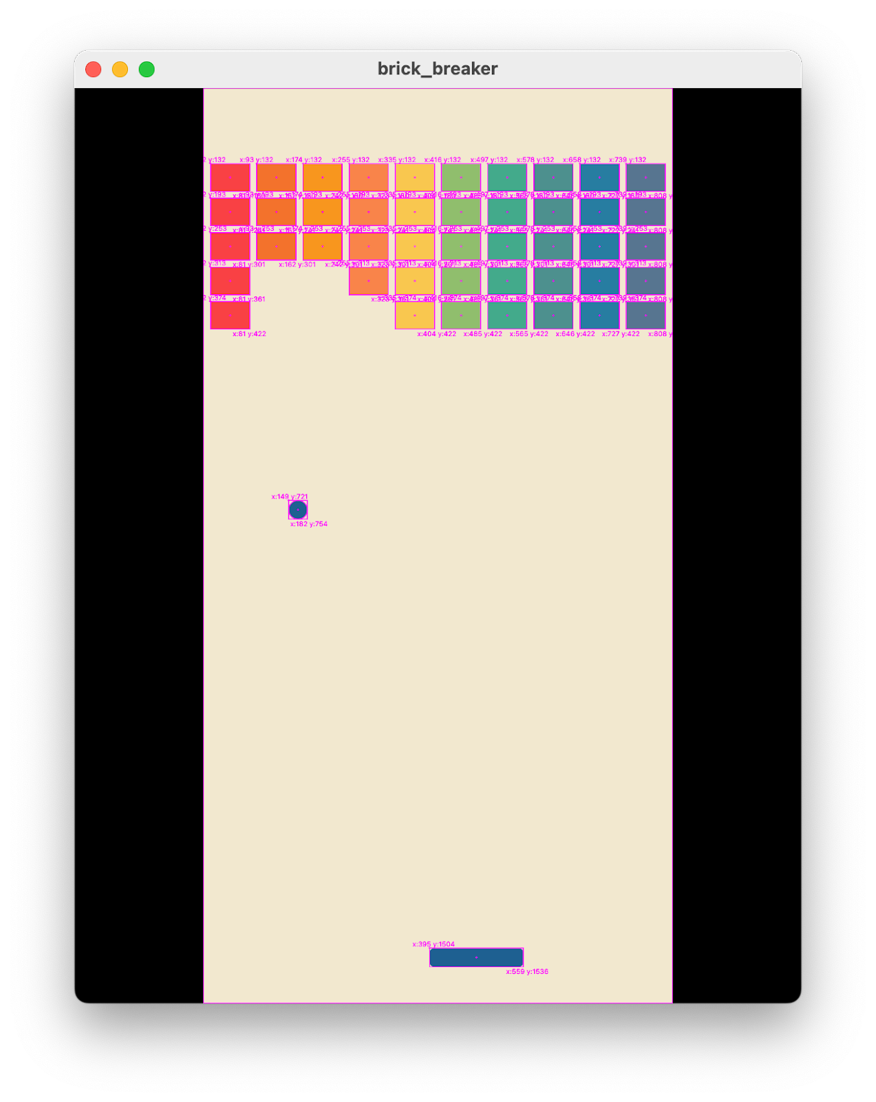 Uma captura de tela mostrando brick_breaker com uma bola, um taco e a maioria das peças na área de jogo. Cada componente tem rótulos de depuração.