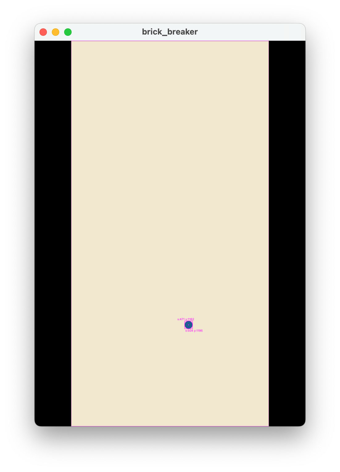 Capture d&#39;écran d&#39;une fenêtre de l&#39;application &quot;brique_breaker&quot; avec un cercle bleu au-dessus d&#39;un rectangle sable. Le cercle bleu est annoté avec des chiffres indiquant sa taille et sa position à l&#39;écran.