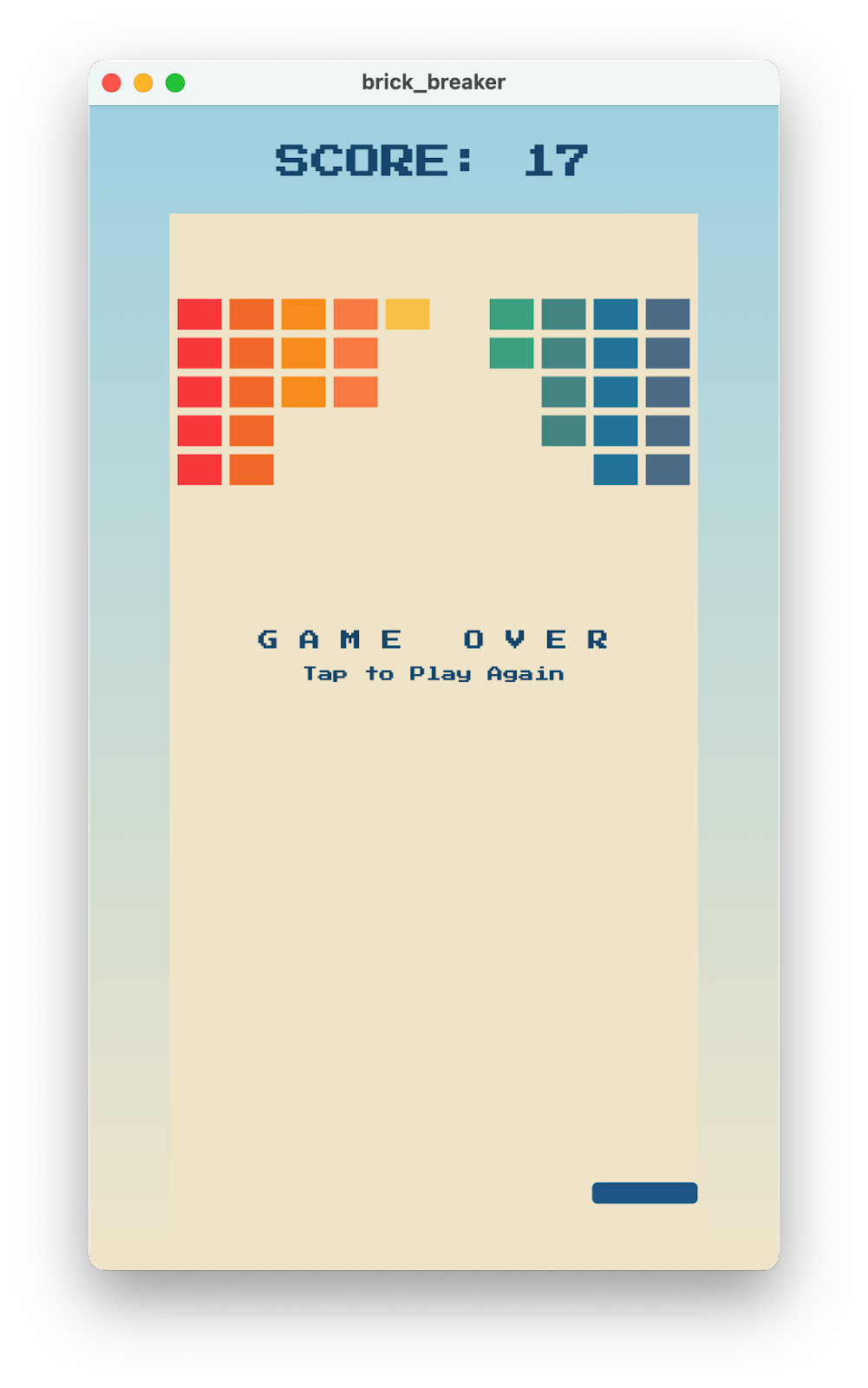 A screenshot of brick_breaker showing the game over screen overlaid on top of a bat and some of the bricks