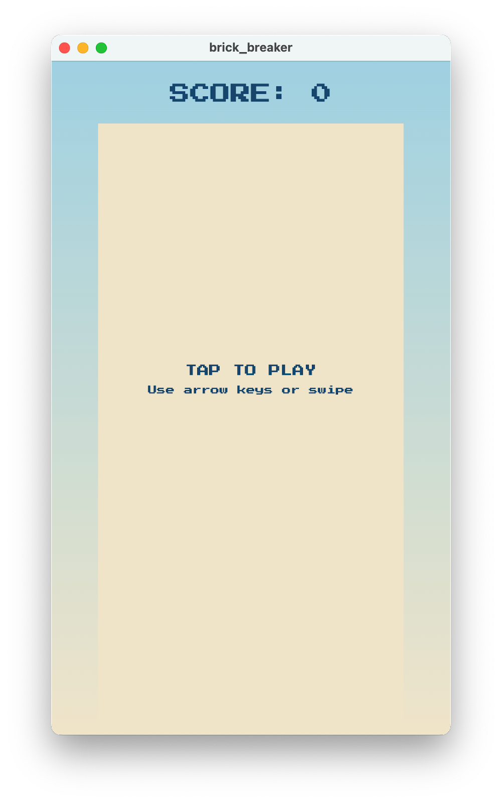 画面をタップしてゲームをプレイするよう促すプレゲーム画面を表示した、brick_breaker のスクリーンショット