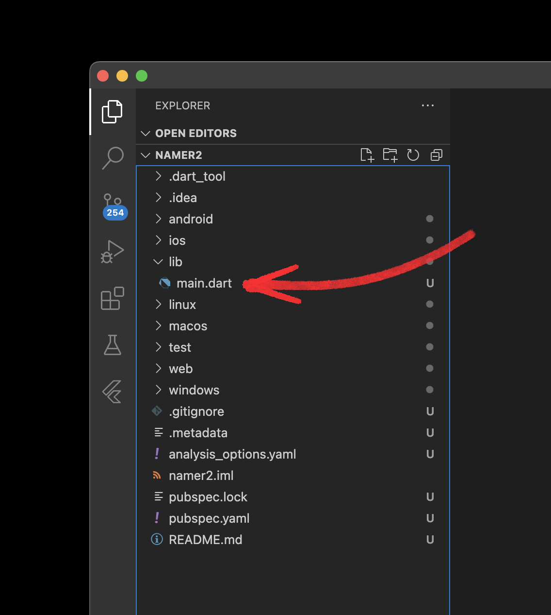 Screenshot parsial VS Code dengan panah yang menunjukkan lokasi file main.dart