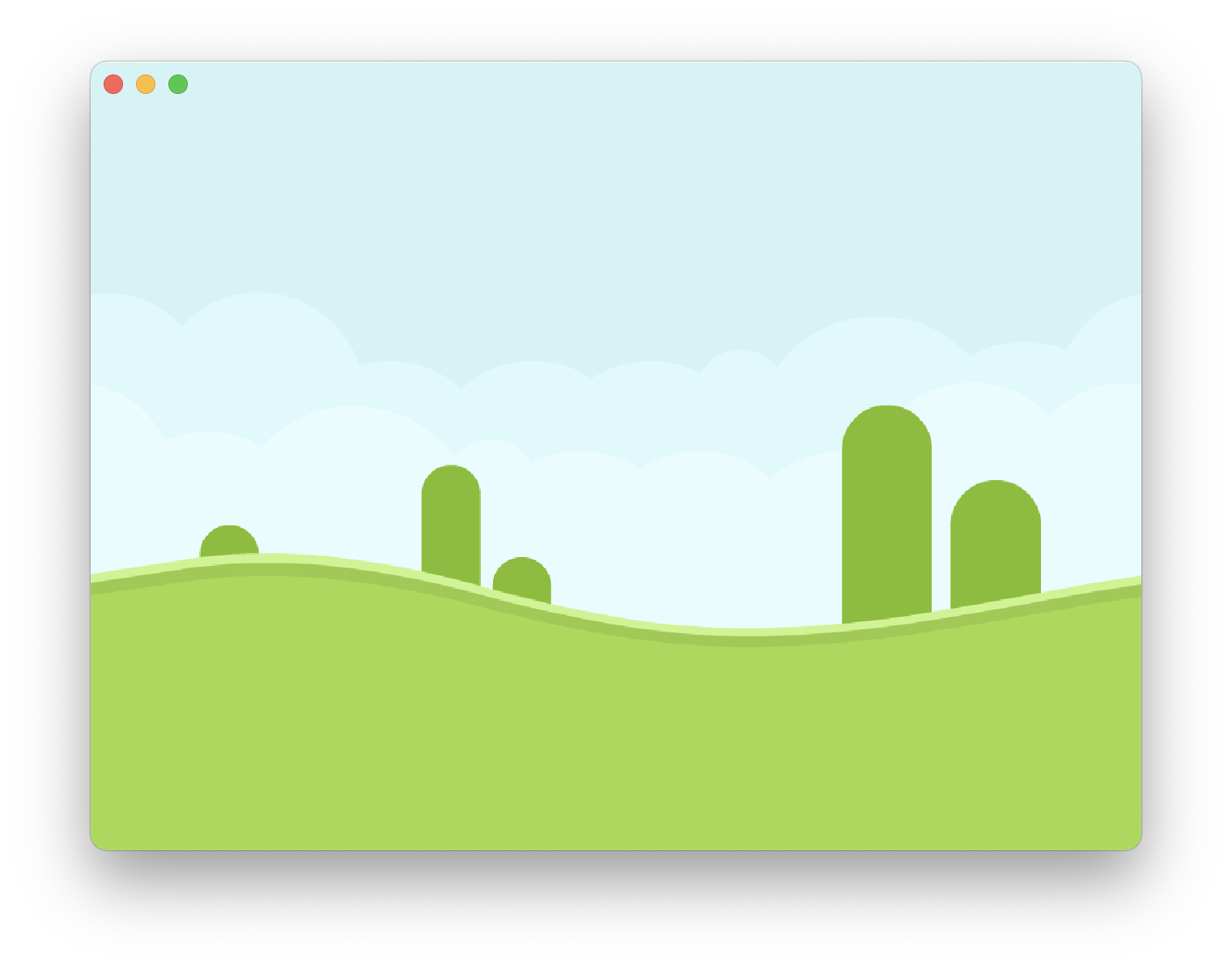 An app with rolling green hills and oddly abstract trees.