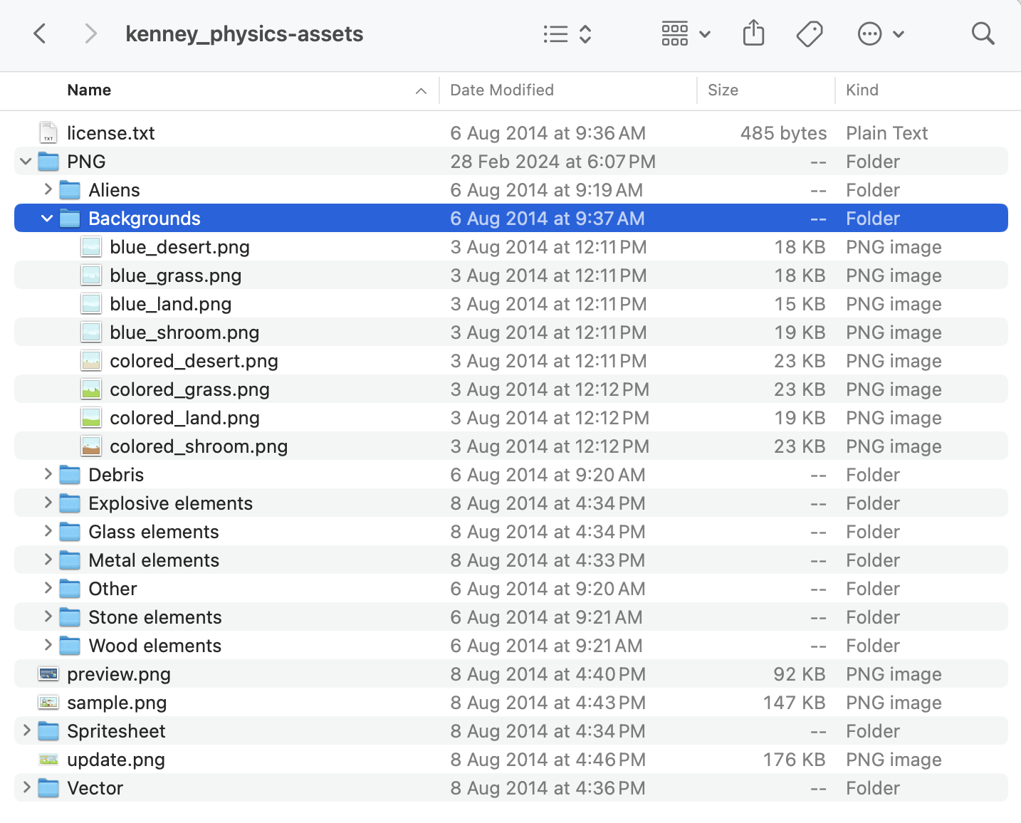 Una lista de archivos del paquete kenney_physics-assets expandida, con el directorio PNG/Backgrounds destacado