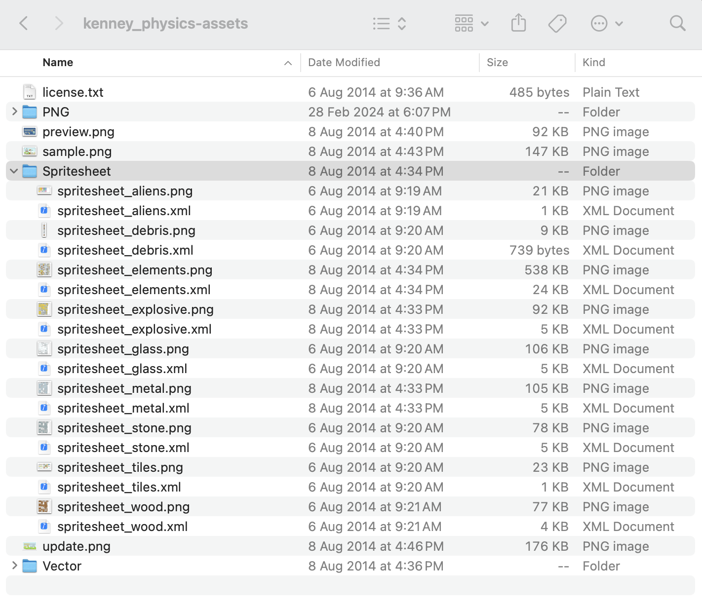 Una lista de archivos del paquete kenney_physics-assets expandida, con el directorio Spritesheet destacado