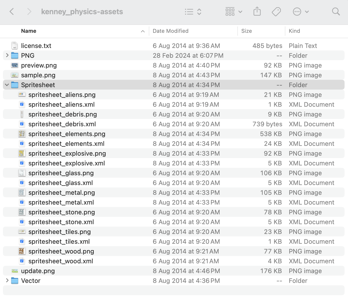 A file listing of the kenney_physics-assets pack expanded, with the Spritesheet directory highlighted