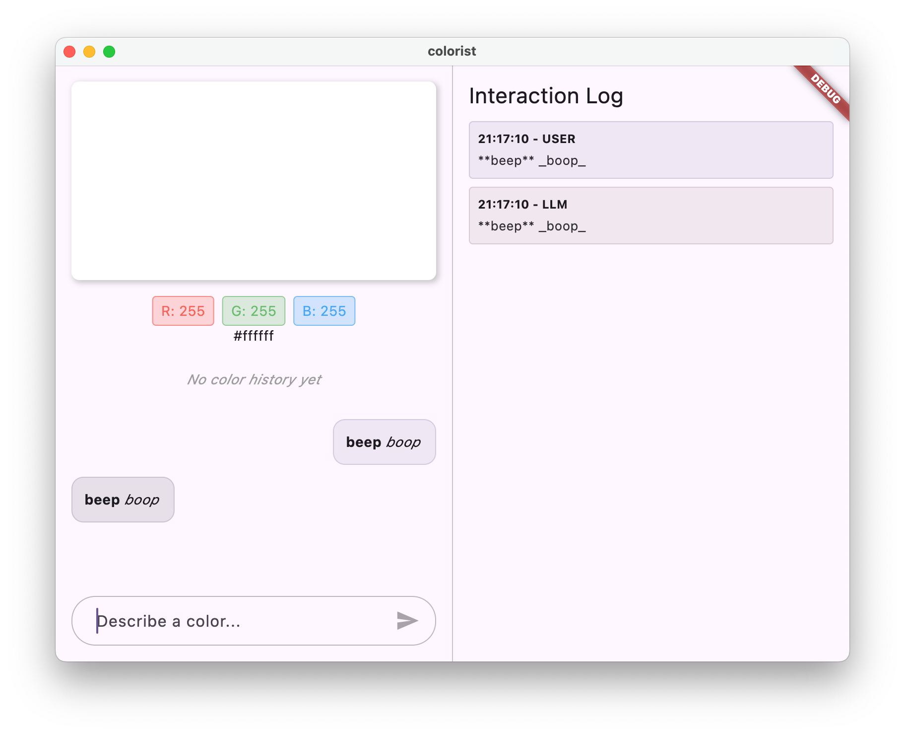 Colorist ऐप्लिकेशन का स्क्रीनशॉट. इसमें Echo सेवा के लिए रेंडर किया गया मार्कडाउन दिखाया गया है