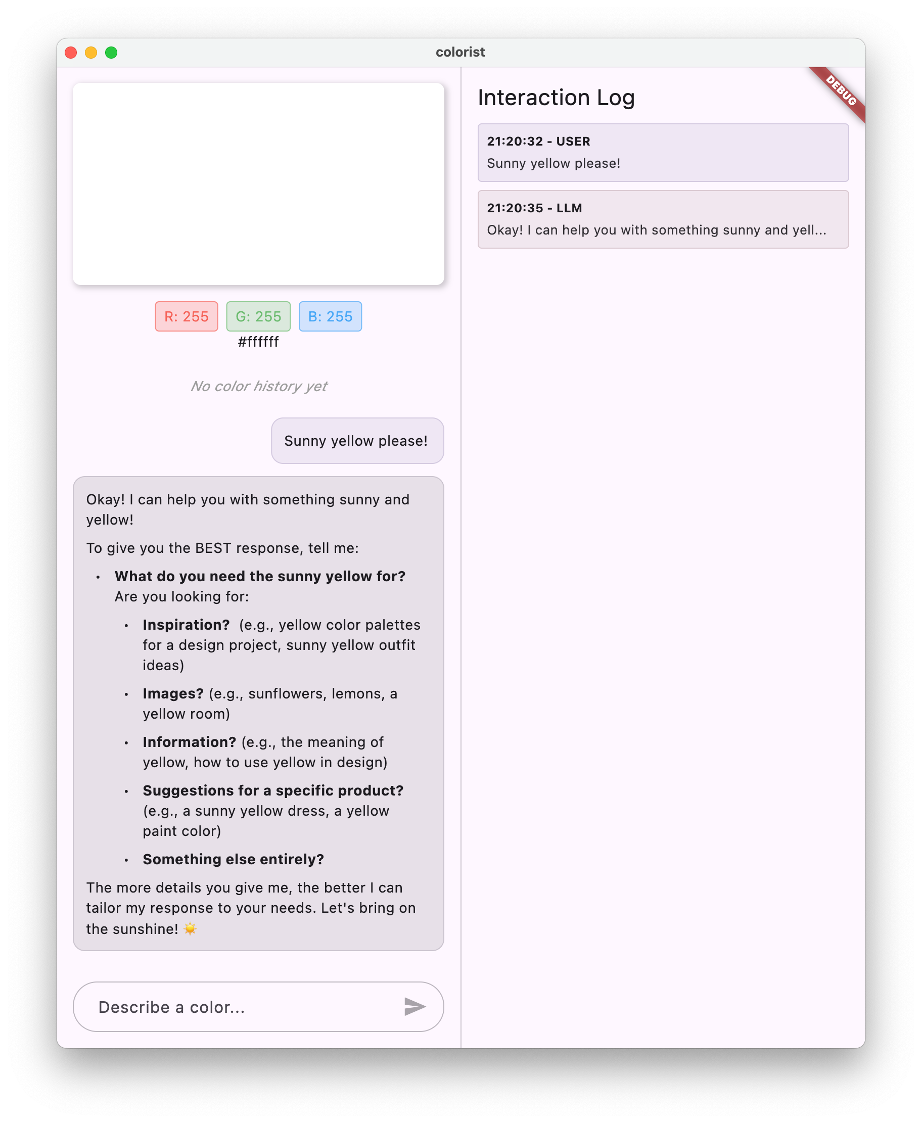 Colorist App Screenshot showing the Gemini LLM responding to a request for a sunny yellow color