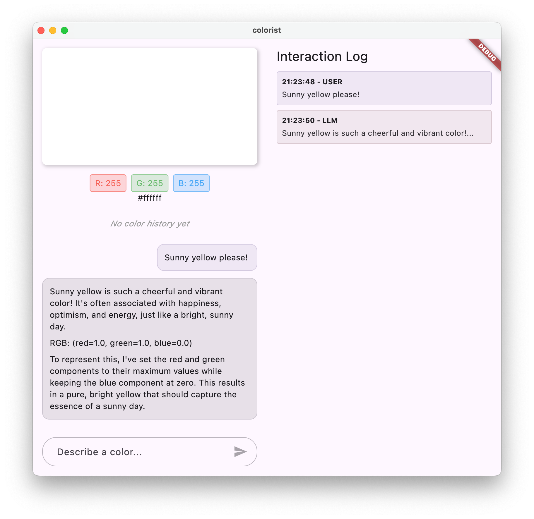 Colorist App Screenshot showing the Gemini LLM responding with a response in character for a color selection app