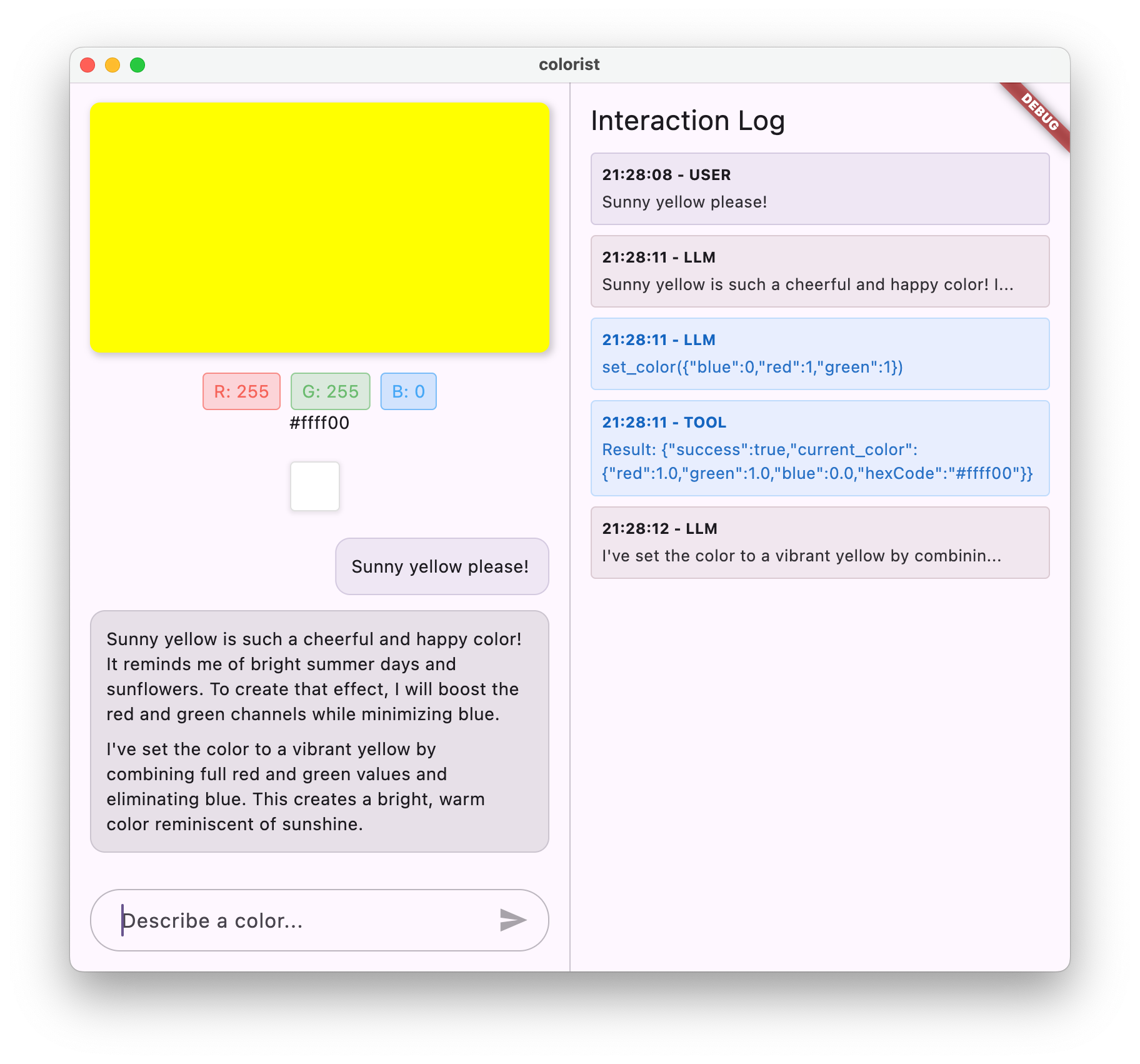 Colorist App Screenshot showing the Gemini LLM responding with a function call
