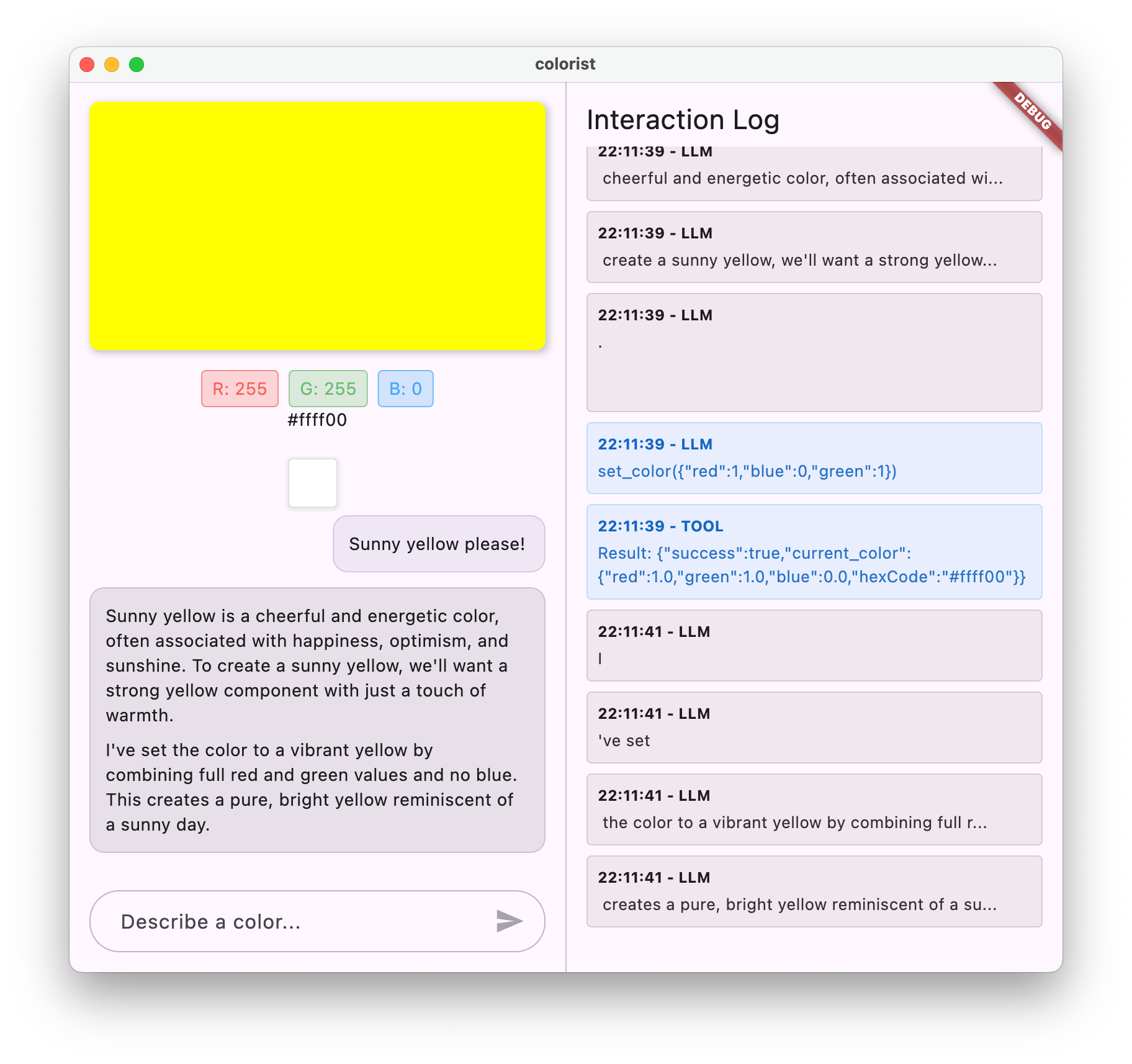 Colorist App Screenshot showing color display and chat interface