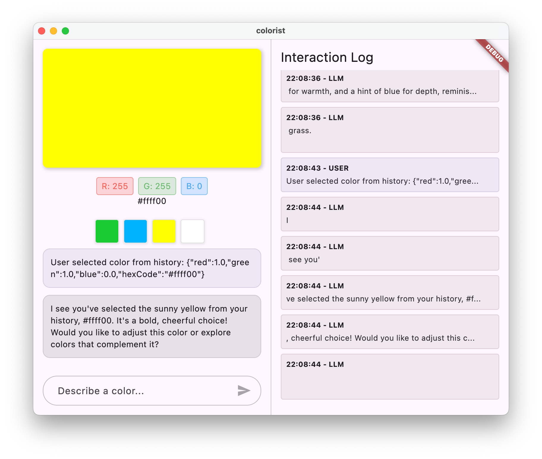Colorist App Screenshot showing the Gemini LLM responding to a selection from color history