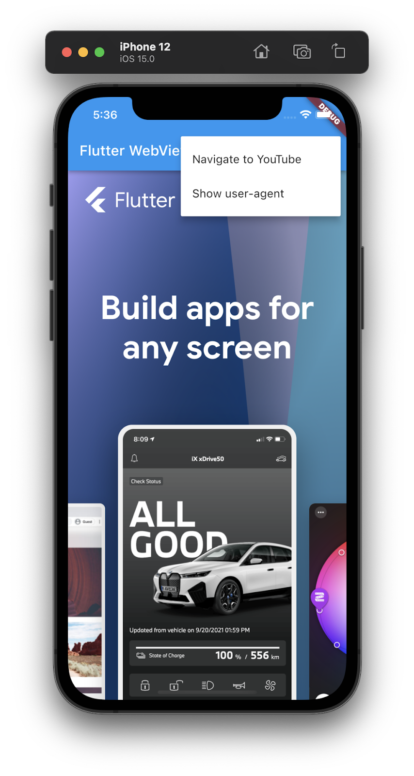 Снимок экрана симулятора iPhone, на котором запущено приложение Flutter со встроенным веб-представлением, на котором показана домашняя страница Flutter.dev с пунктами меню, показывающими параметры «Перейти на YouTube» или «Показать пользовательский агент».