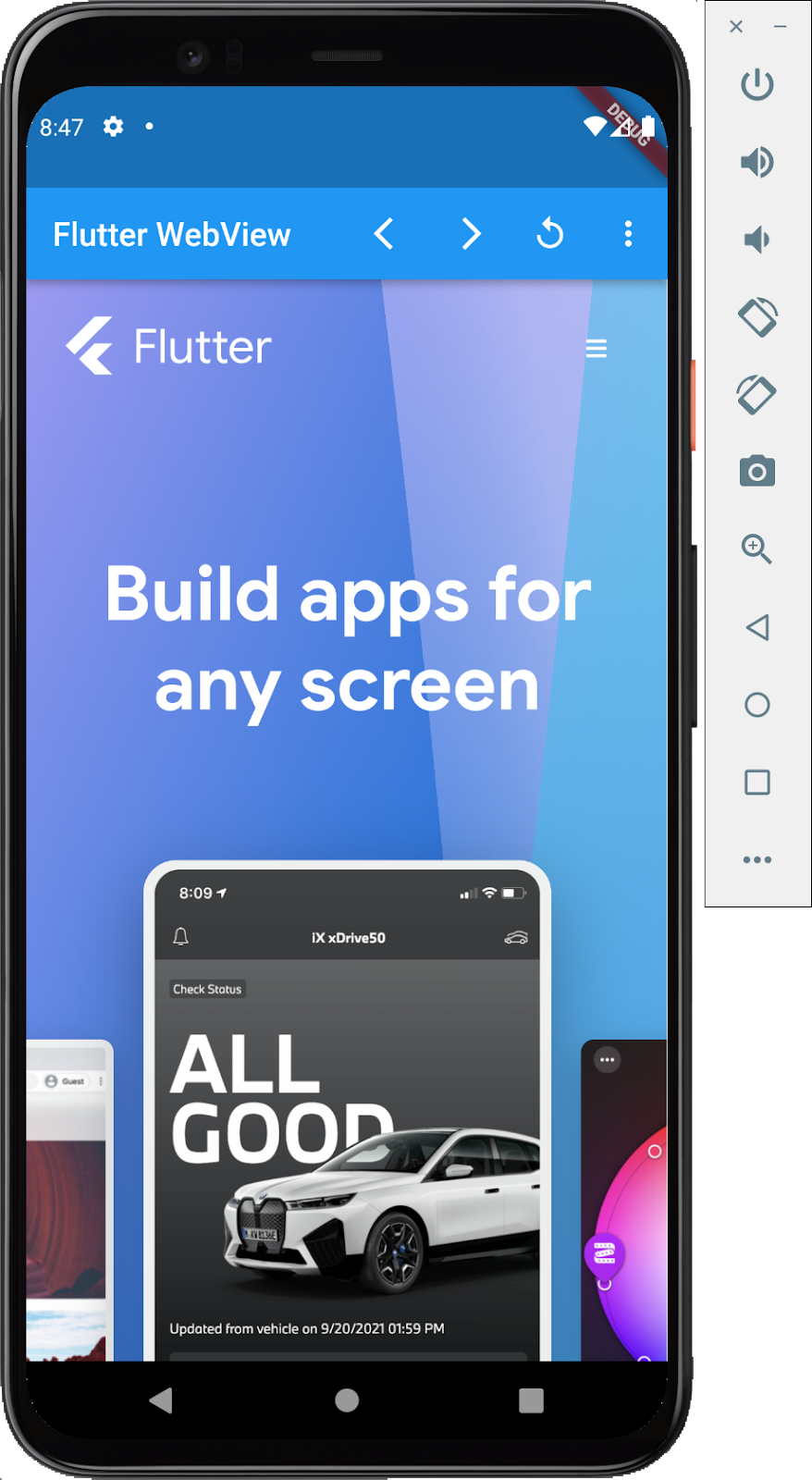 Screenshot eines Android-Emulators, der eine Flutter-App mit eingebetteter WebView ausführt, die die Flutter.dev-Startseite zeigt