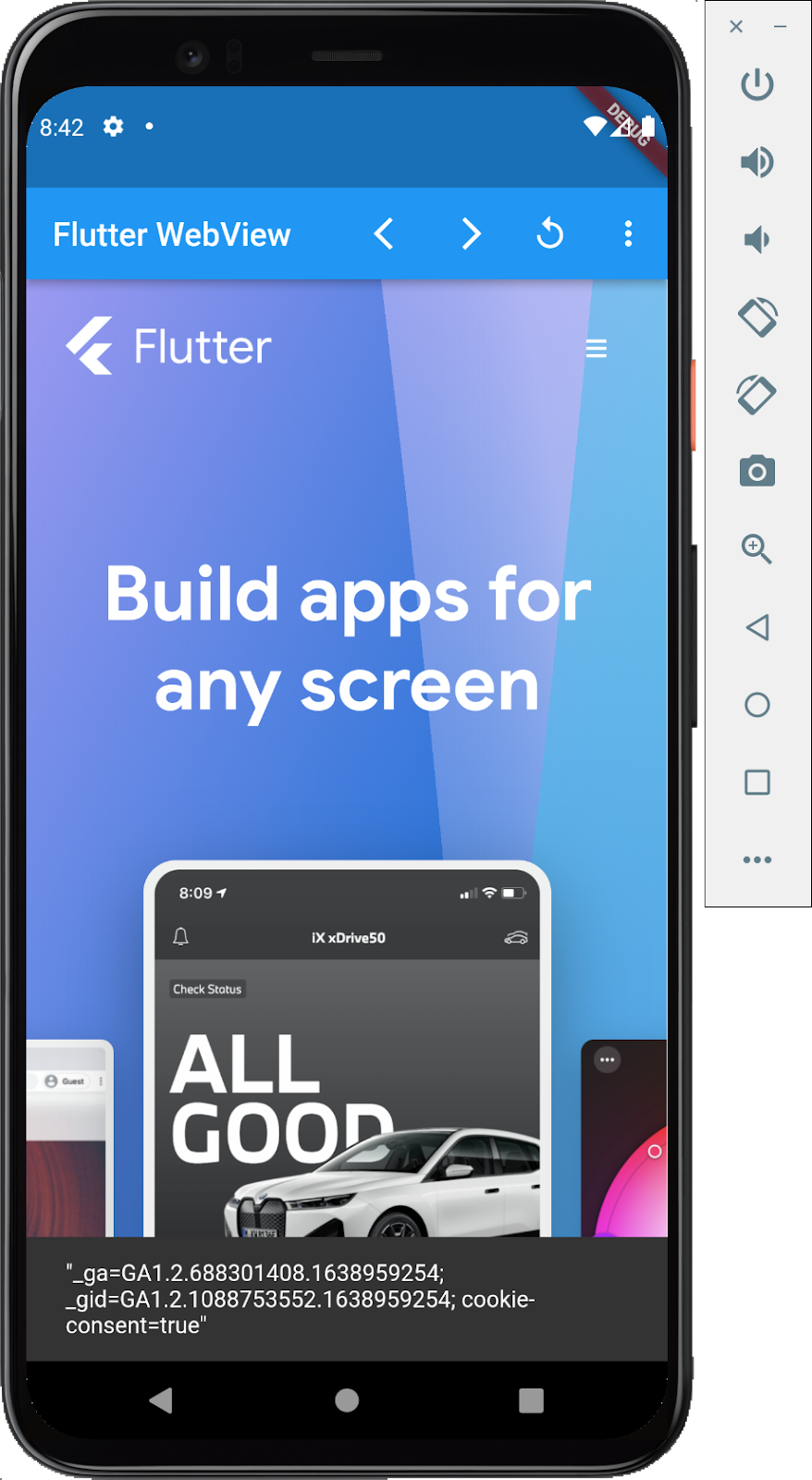 Снимок экрана эмулятора Android, на котором запущено приложение Flutter со встроенным веб-представлением, на котором показана домашняя страница Flutter.dev со всплывающим всплывающим окном, показывающим файлы cookie, установленные в браузере.