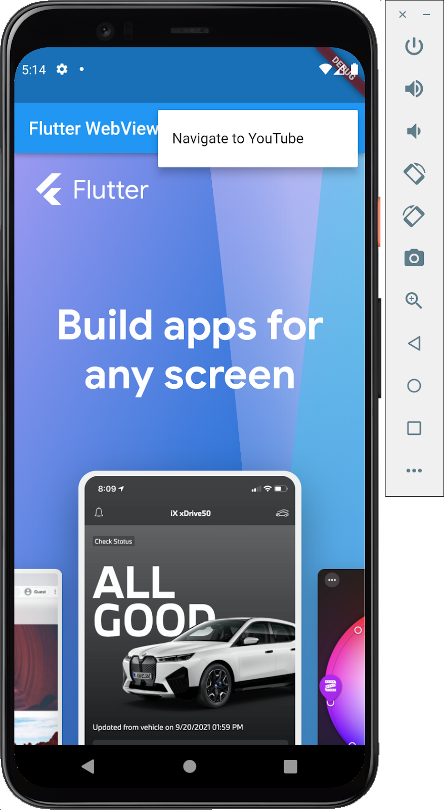 Снимок экрана эмулятора Android, на котором запущено приложение Flutter со встроенным веб-просмотром, на котором показана домашняя страница Flutter.dev с пунктом меню, показывающим опцию «Перейти на YouTube».