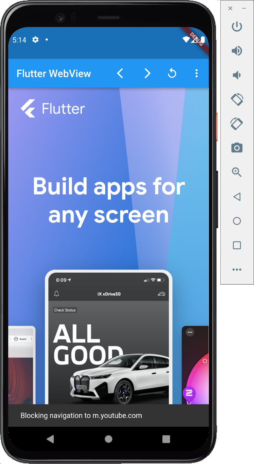 Android 模擬器正在執行 Flutter 應用程式,內嵌的 WebView 顯示 Flutter.dev 首頁,並彈出浮動式訊息「Blocking navigation to m.youtube.com」(已封鎖前往 m.youtube.com 的導覽)