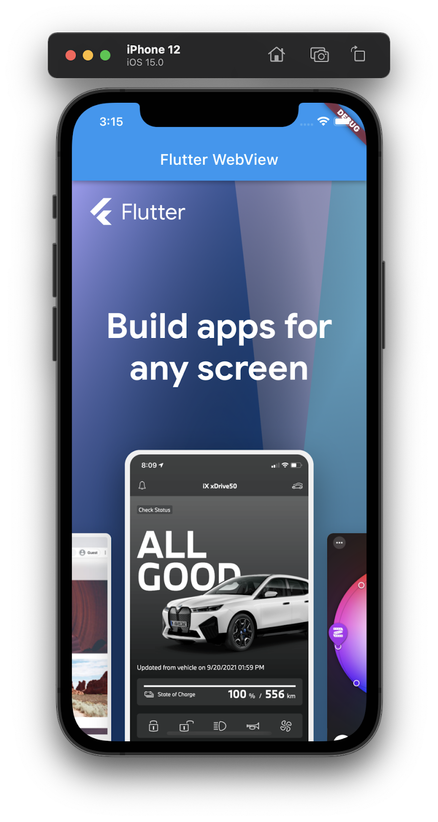ภาพหน้าจอของโปรแกรมจำลอง iPhone ที่เรียกใช้แอป Flutter ซึ่งมี WebView แบบฝังซึ่งแสดงหน้าแรกของ Flutter.dev