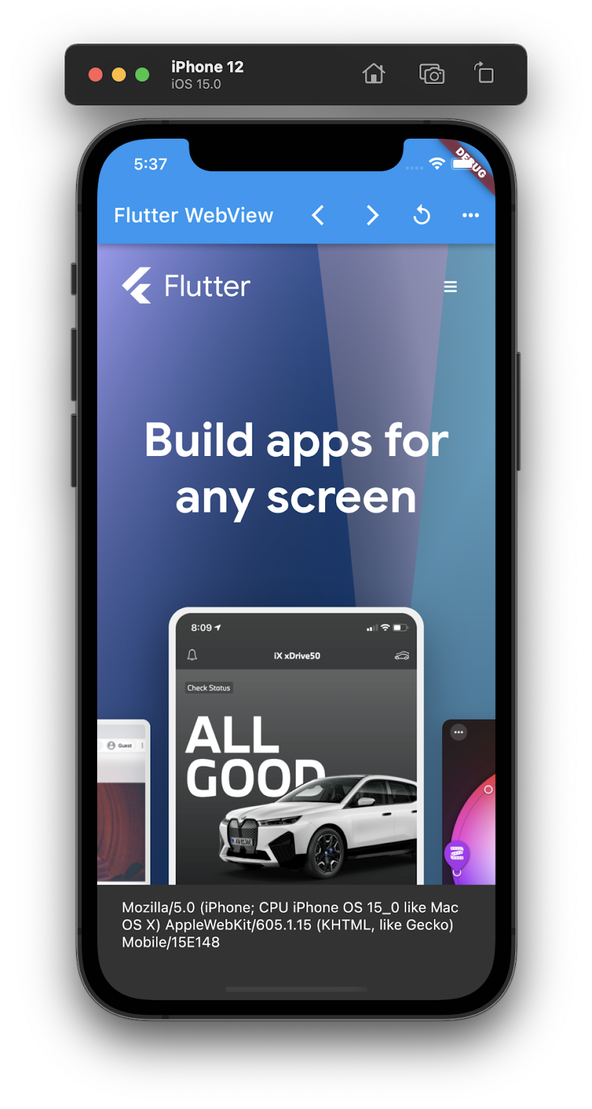 iPhone simulator running a Flutter app with an embedded webview showing the Flutter.dev homepage with toast pop up showing the user agent string.