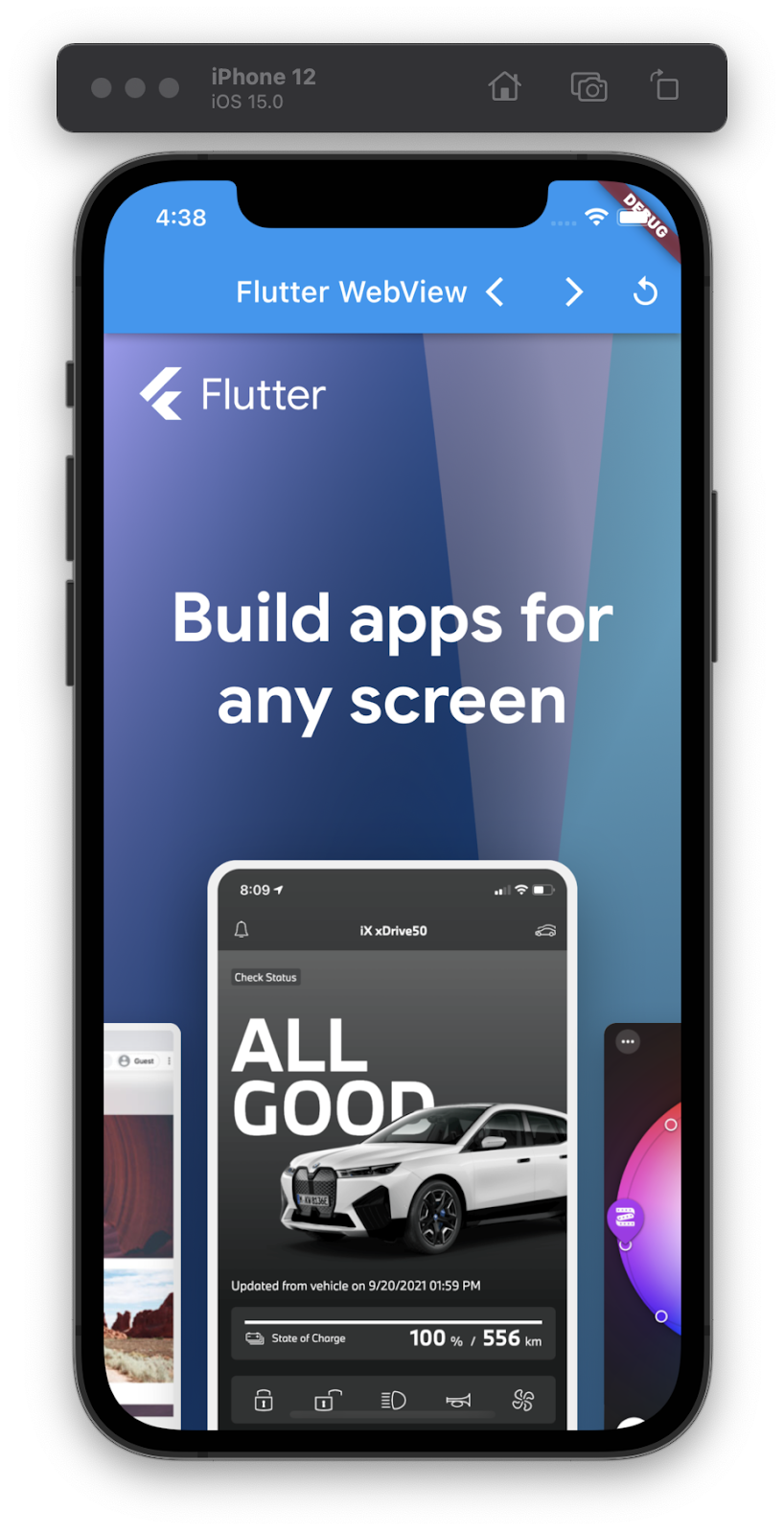 螢幕截圖：iPhone 模擬器正在執行 Flutter 應用程式，內嵌的 WebView 顯示 Flutter.dev 首頁，並顯示「上一個」和「下一個」控制項，以及重新載入頁面的控制項