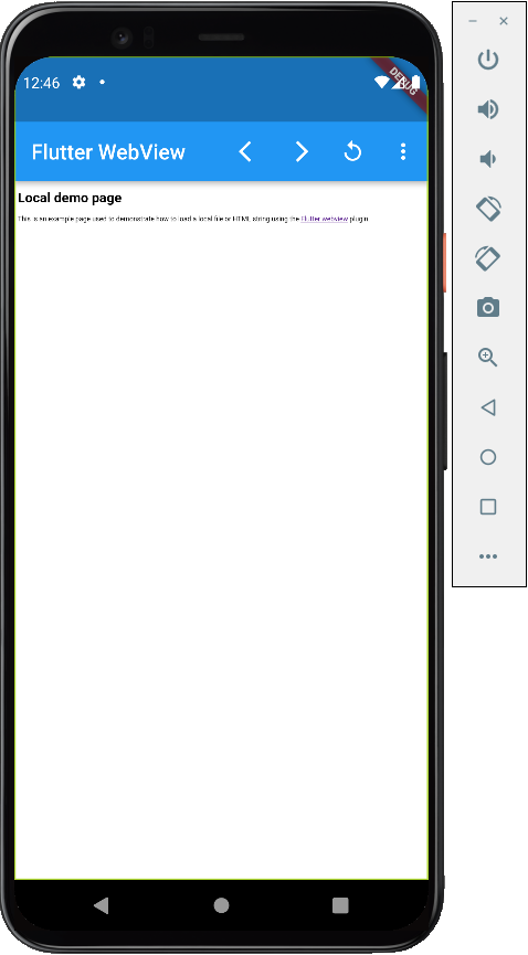 Screenshot eines Android-Emulators, der eine Flutter-App ausführt, mit eingebettetem WebView und einer Seite mit dem Titel „Lokale Demoseite“ mit dem Titel in Schwarz