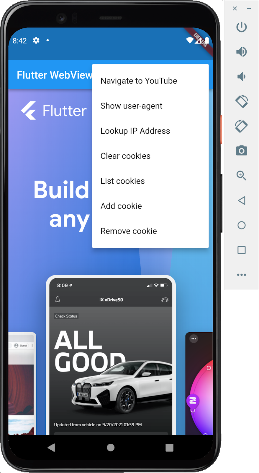Android 模擬器執行 Flutter 應用程式,內嵌的 WebView 顯示 Flutter.dev 首頁,以及涵蓋下列項目的選單選項清單:前往 YouTube、顯示使用者代理程式,以及與瀏覽器的 Cookie Jar 互動