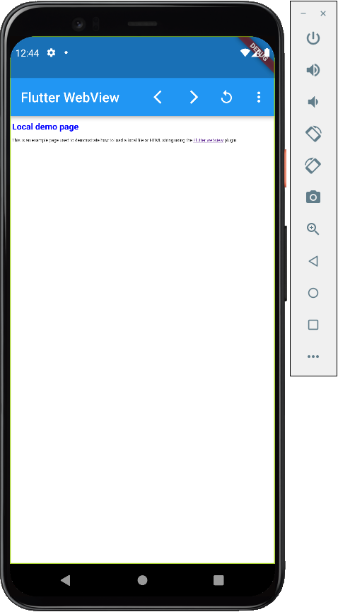 Screenshot eines Android-Emulators, der eine Flutter-App ausführt, mit eingebettetem WebView und einer Seite mit dem Titel „Lokale Demoseite“ mit dem Titel in Blau