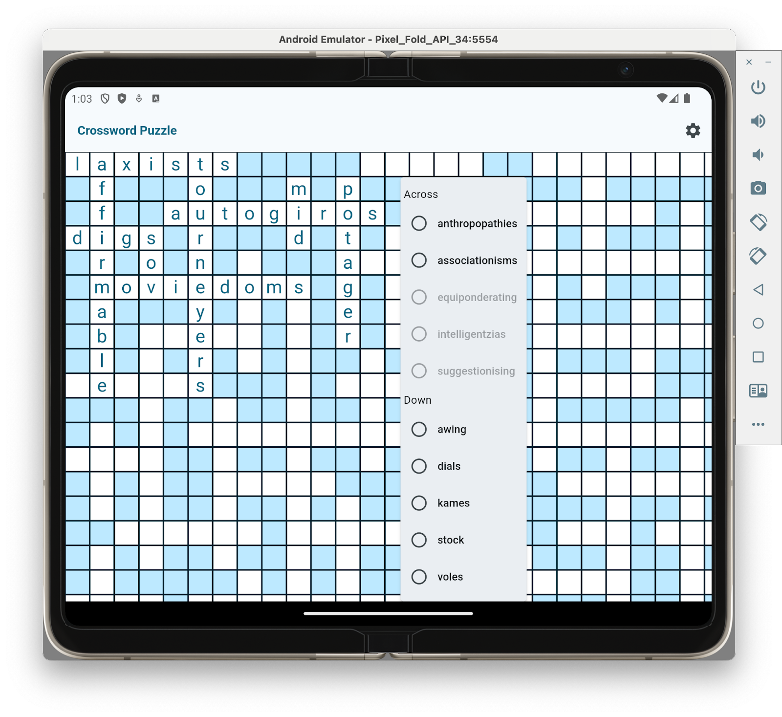 Google Pixel Fold エミュレータでクロスワード パズルを解いている最中のスクリーンショット。