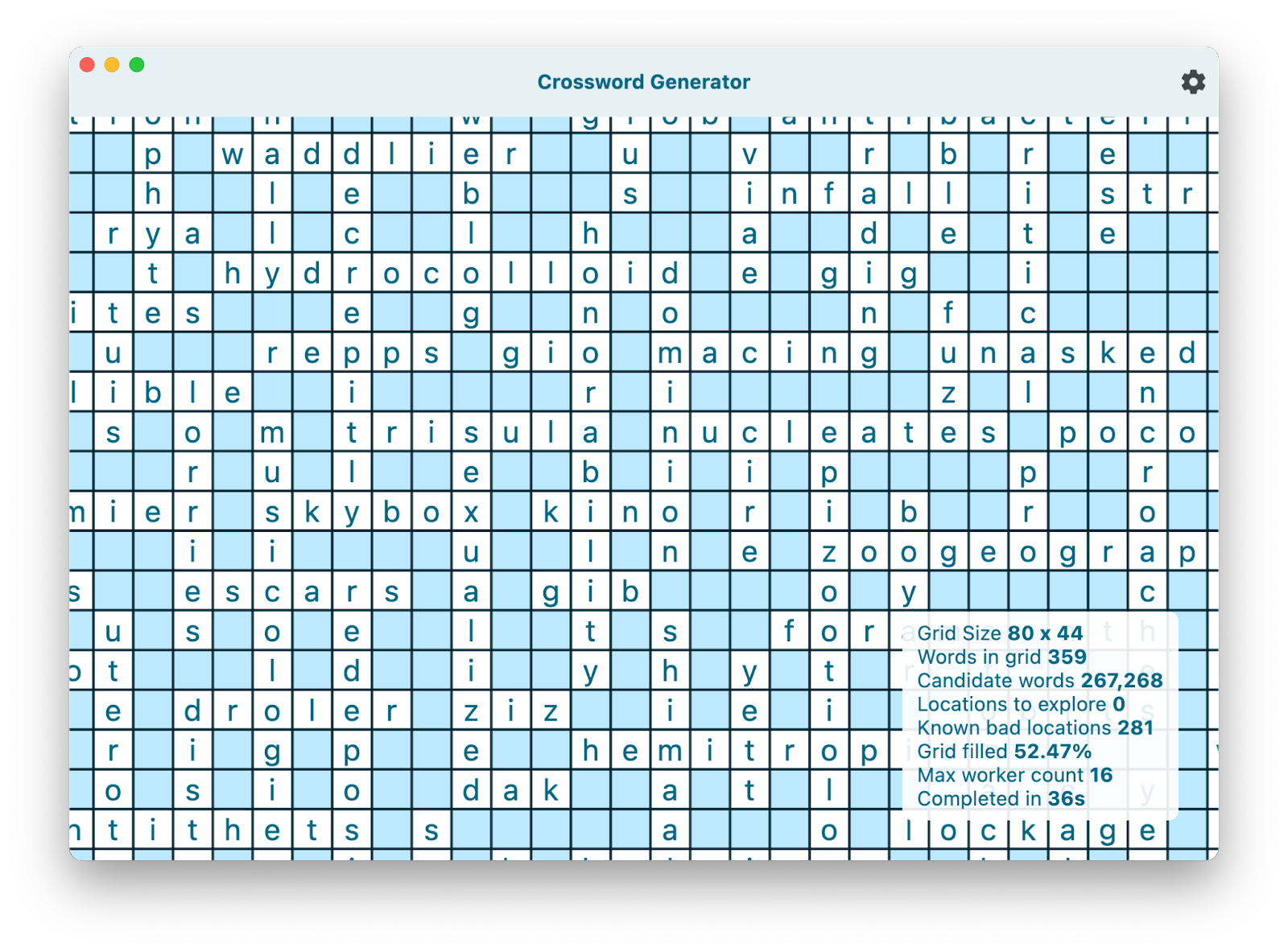 Cửa sổ Crossword Generator (Trình tạo ô chữ) có các từ và số liệu thống kê
