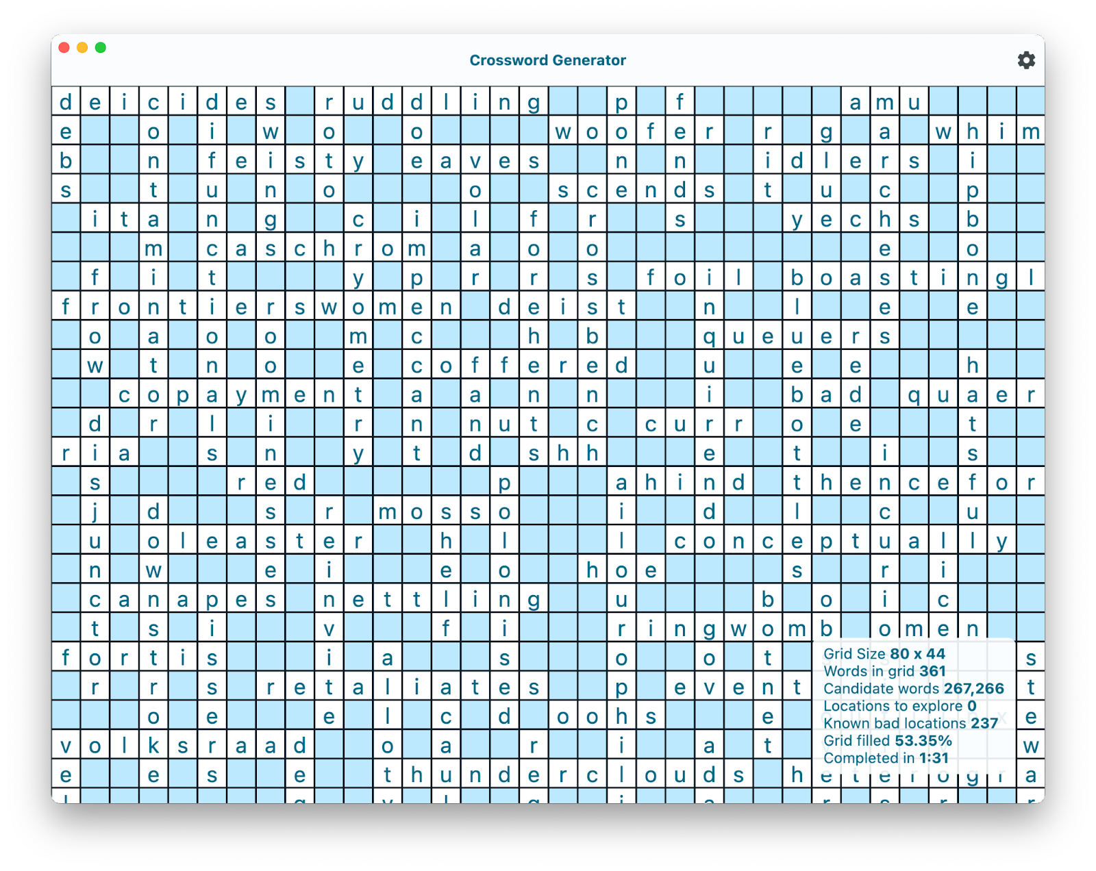 Crossword Generator アプリ ウィンドウ。今度は小さく、認識可能な単語が画面右下にフローティング オーバーレイとして表示され、現在の世代の実行に関する統計情報が表示されています。