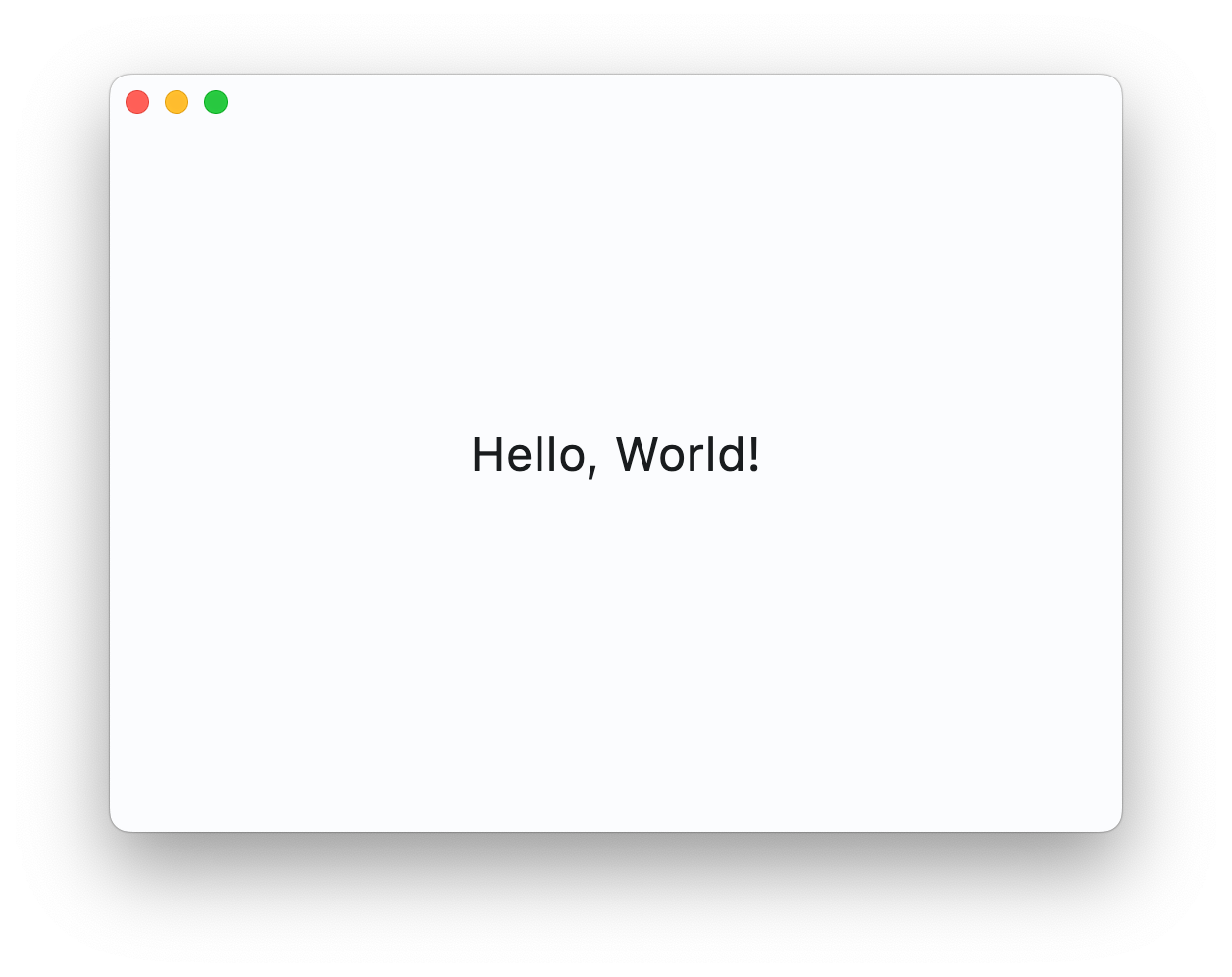應用程式視窗，中央顯示「Hello, World!」字詞