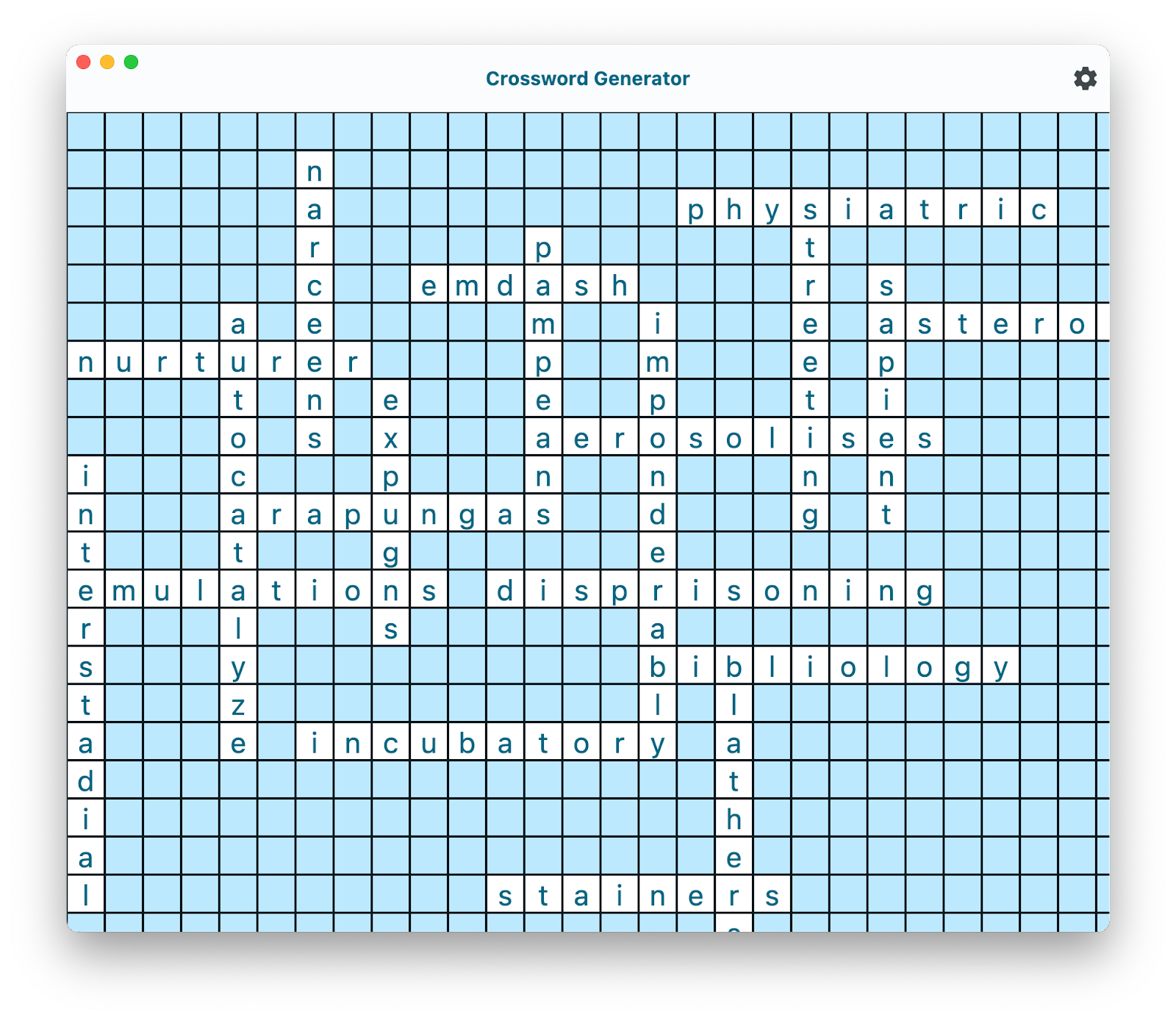 Jendela aplikasi Crossword Generator dengan kata-kata yang ditata di berbagai titik, berpotongan di titik acak