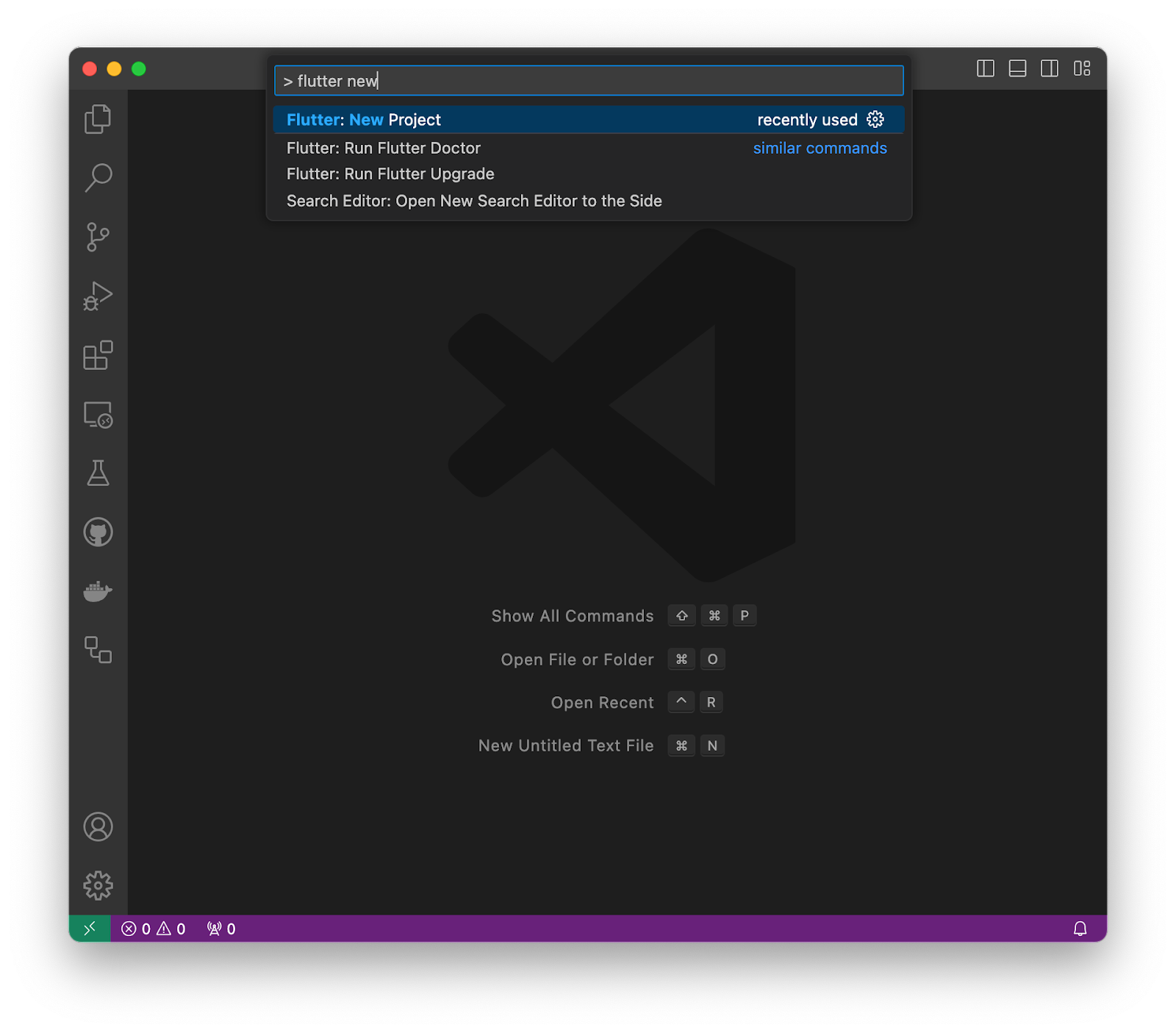 VS Code with Flutter：開啟的命令調色盤中顯示「New Project」。