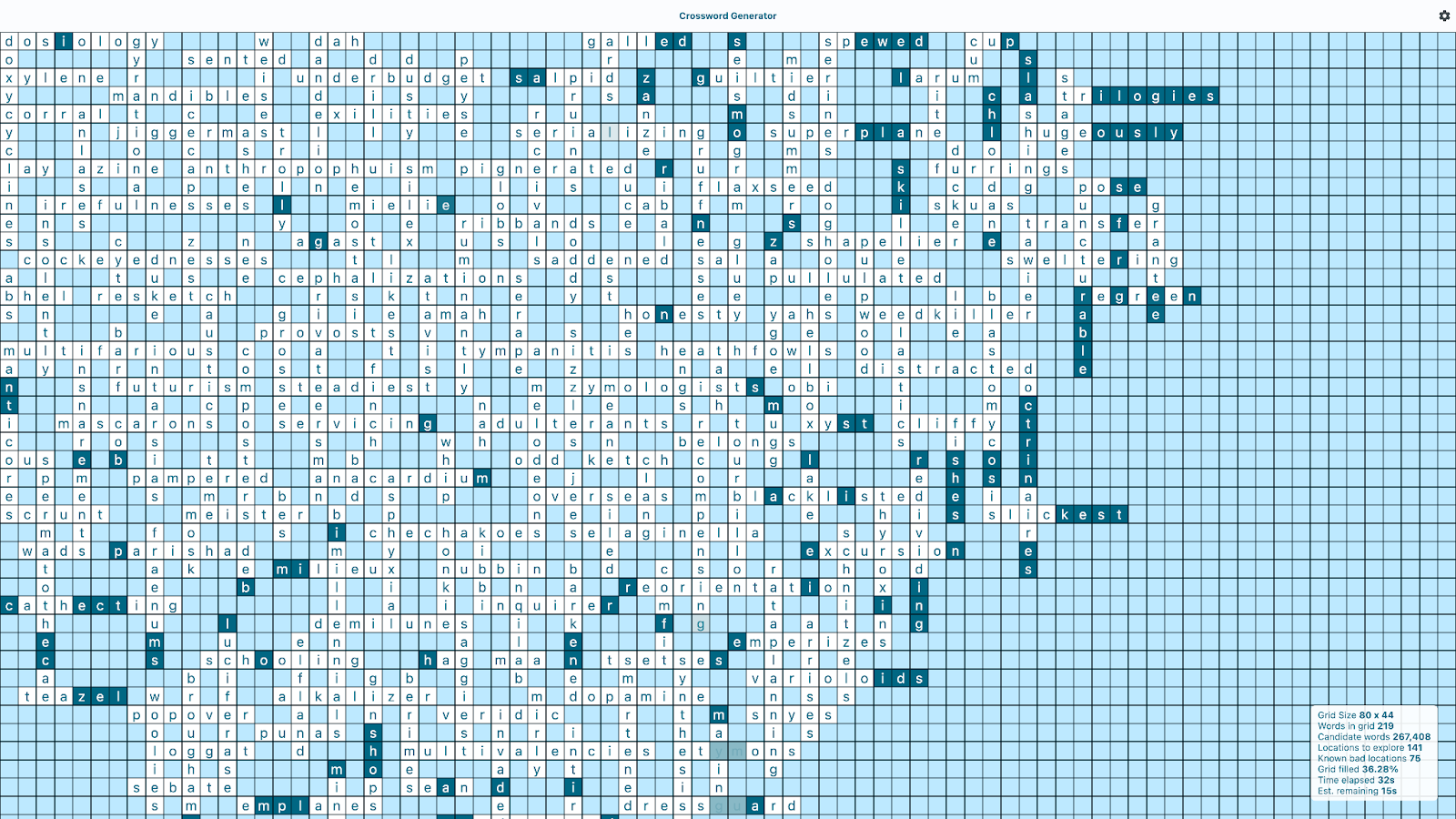 تطبيق Crossword Generator يعرض عملية الإنشاء في منتصفها. بعض الحروف مكتوبة بنص أبيض على خلفية زرقاء داكنة، بينما البعض الآخر مكتوب بنص أزرق على خلفية بيضاء.