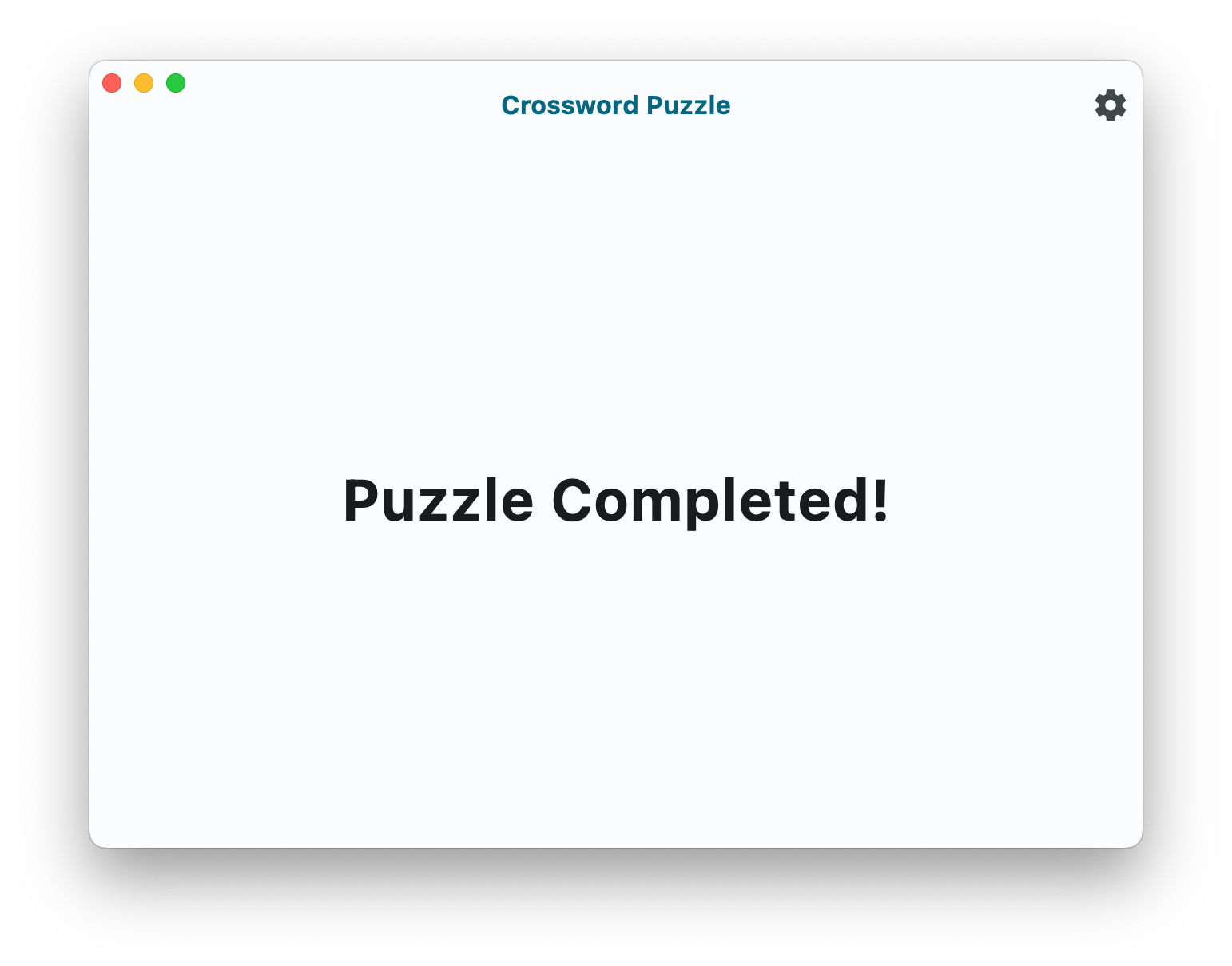 Okno aplikacji Crossword Puzzle z tekstem „Puzzle completed!” (Puzzle completed!).