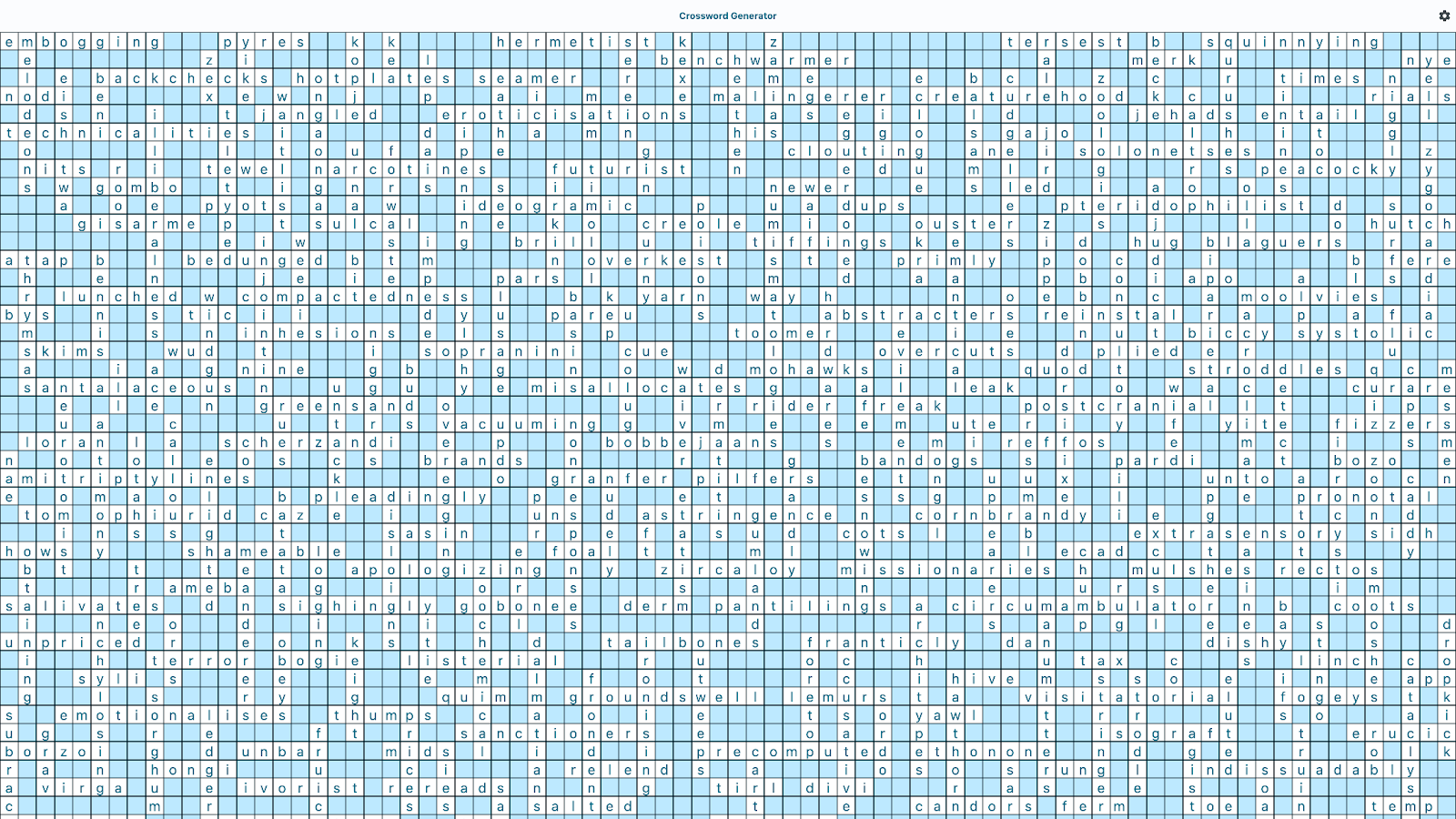 多くの単語が交差しているクロスワード生成ツール。ズームアウトすると、文字が小さすぎて読めません。