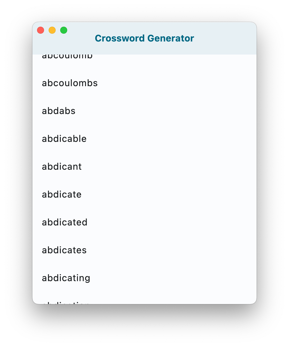 Jendela aplikasi dengan judul &#39;Crossword Generator&#39; dan daftar kata